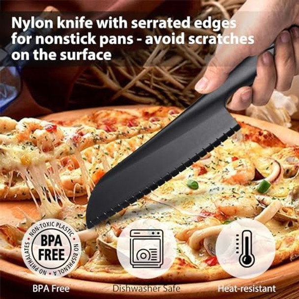 11" Nylon Knife For Nonstick Pans Plastic Serrated Kitchen Cutter To Cut Cake Brownie Pie Lasagna Or Various Veggies And Fruits Non-Metal Salad Or Lettuce Knife Black