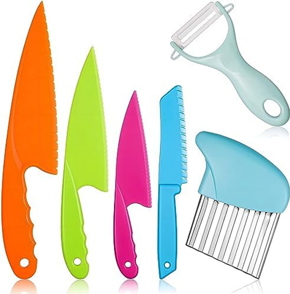 6Pcs Kids Plastic Knives Set With Cutting Board & Paring Knife - Child Safety Kitchen Knives In 4 Sizes For Vegetables Fruits And Salad (Bpa- Non-Slip Handle)