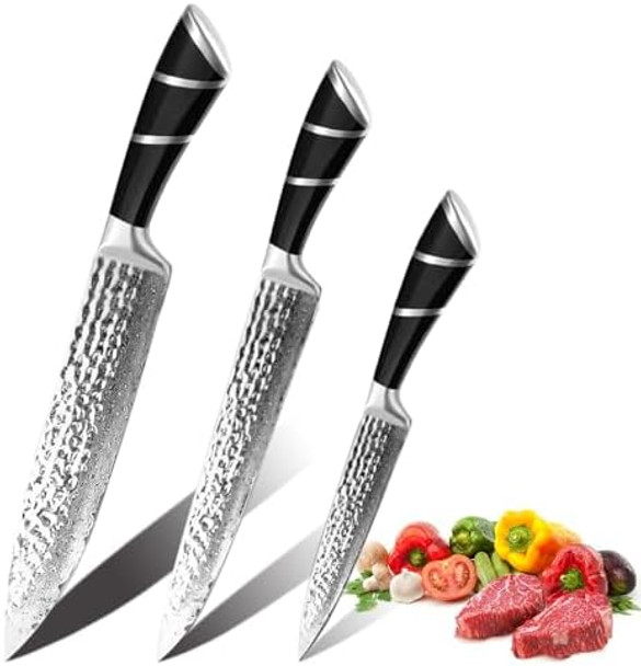 3Pcs Kitchen Knife Set Japanese Damascuss Steel Chef Knife Slicing KnifeUtility Knife Sets With Stainless Handle (Black01)
