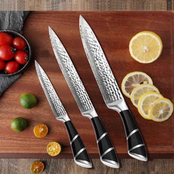 3Pcs Kitchen Knife Set Japanese Damascuss Steel Chef Knife Slicing KnifeUtility Knife Sets With Stainless Handle (Black01)