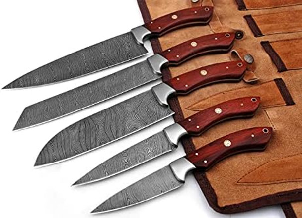 Handmade Damascus Steel Blade Kitchen Knife Set 5Pcs Best Damascus Chef Knife Set Professional Kitchen Cooking Knives With Leather Case/Bag