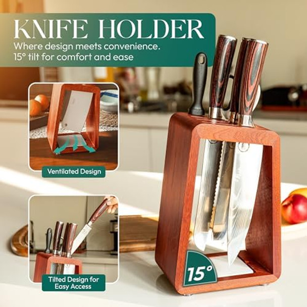 Knife Block Without Knives - Ebony Wood Knife Holder For Countertop Storage 15° Tilt Design Ventilated & Anti-Slip Base Fits Chef Bread Paring & Utility Knives