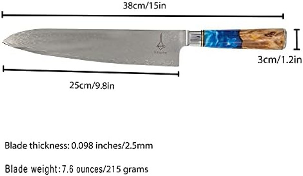 Damascus Heavy Duty Kitchen Chef Knife [9.5 Inches] Sharp Japanese Steel Blade Vg-10 With Resin + Color Wood Handle Kitchen Knives - Chef Knife Cooking Tools/Home/
