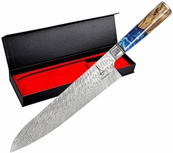 Damascus Heavy Duty Kitchen Chef Knife [9.5 Inches] Sharp Japanese Steel Blade Vg-10 With Resin + Color Wood Handle Kitchen Knives - Chef Knife Cooking Tools/Home/