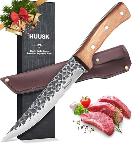 Huusk Knives From Japan Boning Knife For Meat Cutting 6 Inch Butcher Knife For Brisket Trimming Viking Knife With Sheath Full Tang Kitchen Utility Knife For Fathers