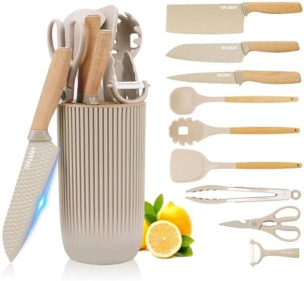 Kitchen Knife Set Knife Sets With Block And 4 Pcs Kitchen Utensils Set 10-In-1 Cooking Utensils Set With Knife Set And Utensils Holder Silicone Spatula Set For Kitchen (Khaki)