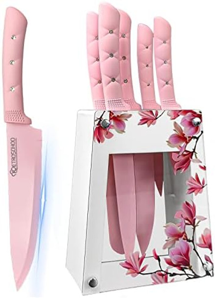 Kitchen Knife Set 6 Pieces Pink Stainless Steel Sharp Cooking Knife Set With Acrylic Stand Non-Stick Coating Pink Flower Block Knife Set With Box For Women Girls (Pink)