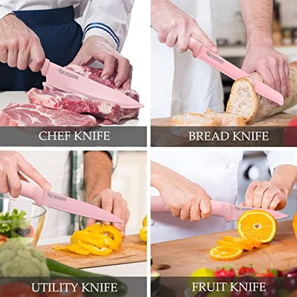 Kitchen Knife Set 6 Pieces Pink Stainless Steel Sharp Cooking Knife Set With Acrylic Stand Non-Stick Coating Pink Flower Block Knife Set With Box For Women Girls (Pink)