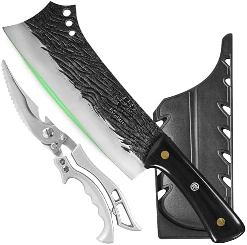 Fullhi Butcher Knife Hand Forged Heavy Meat Cleaver Bbq Chef Knife With SheathsWith Kitchen Shears