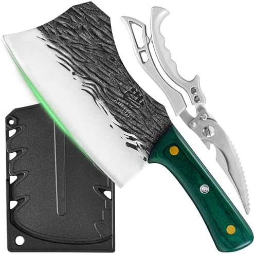 Fullhi Butcher Knife Hand Forged Heavy Meat Cleaver Bbq Chef Knife With SheathWith Kitchen Shears