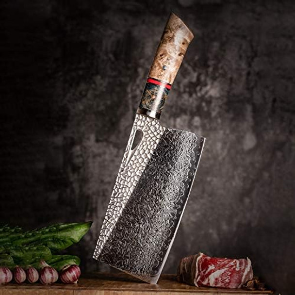 Damascus Kitchen Chinese Cleaver7.5In Professional Handmade Chopping Chopper Knives With Burl Stabilized Wood Handle For Meat And Vegetable In Home&Restaurant