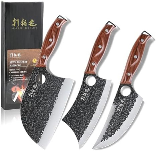 3Pcs Butcher Knife Set 7" Butcher Meat Cleaver 7" Serbian Chef Knife And 6.5" Viking Knife Hand Forged Kitchen Knife Set With Plastic Handle Geat For Home Camping Bbq (Unique Finger Hole Design)
