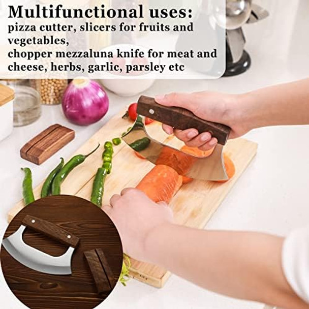 Hanaive 2 Set Pizza Cutter Mezzaluna Ulu Knife With Base Salad Veggies Chopper Slicer Cutter Mezzaluna Knife Cleaver Chopping Salad Chopper Stainless Steel Blade For Chef