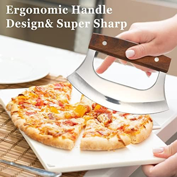 Hanaive 2 Set Pizza Cutter Mezzaluna Ulu Knife With Base Salad Veggies Chopper Slicer Cutter Mezzaluna Knife Cleaver Chopping Salad Chopper Stainless Steel Blade For Chef