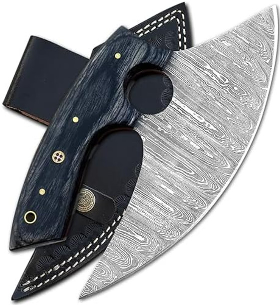 Damascus Ulu Knife With Leather Sheath - Handmade Alaskan Ulu Knife - Ideal Alaska s For Chopping Slicing Mincing Skinning Pizza Cutting And Meat & Herb 7 Inch Black & Grey