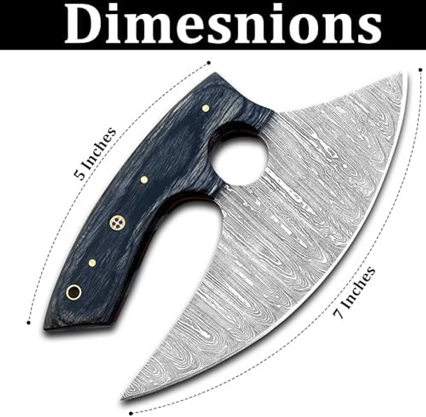 Damascus Ulu Knife With Leather Sheath - Handmade Alaskan Ulu Knife - Ideal Alaska s For Chopping Slicing Mincing Skinning Pizza Cutting And Meat & Herb 7 Inch Black & Grey