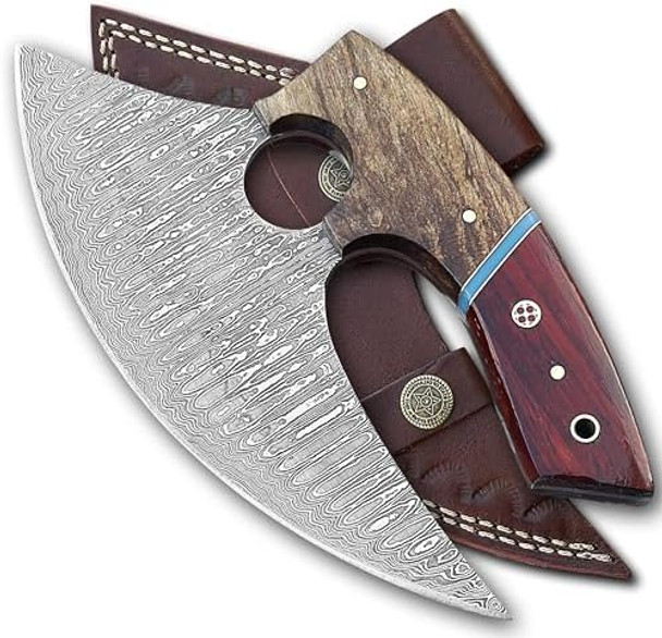 Damascus Ulu Knife With Leather Sheath - Handmade Alaskan Ulu Knife - Ideal Alaska s For Chopping Slicing Mincing Skinning Pizza Cutting And Meat & Herb 7 Inch Red & Brown