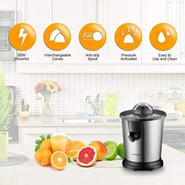Homeleader Electric Citrus Juicer Lemon Squeezer With Stainless Steel Orange Squeezer With Two Cones Powerful Motor For Grapefruits Orange And Lemon Black
