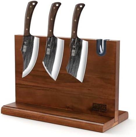 3-Piece Kitchen Knife Set: Heavy Duty Butcher Bone Chopper Meat Cleaver & Viking Knife With Double-Sided Magnetic Knife Holder Rack For Kitchen Counter