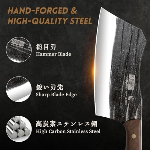 3-Piece Kitchen Knife Set: Heavy Duty Butcher Bone Chopper Meat Cleaver & Viking Knife With Double-Sided Magnetic Knife Holder Rack For Kitchen Counter