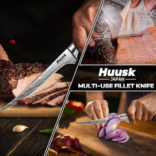 Huusk Filet Knife For Fish - 7 Inch Fish Fillet Knife Bundle With A Forged Full Tang Butcher KnifeFlexible Boning Knives For Meat Cutting Professional Japanese Fishing Knives For Meat Poultry Cuttin