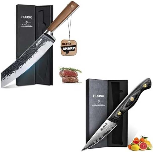 Huusk Butcher Knife Damascus Paring Knife 8.5 Inch Meat Cleaver Knife Japanese Vegetable Cleaver 3 Inch Vg10 Fruit Knife High Carbon Steel Meat Cutting Peeling Knife Trimming For Dad Mom