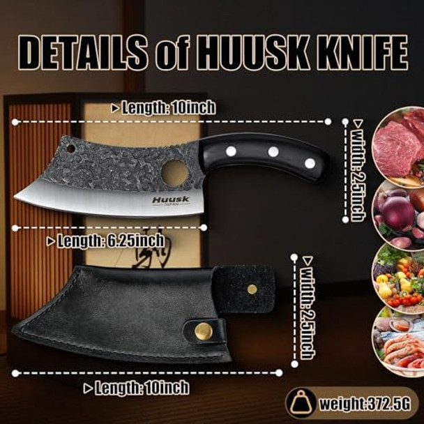Huusk Japan Knife Hand Forged Meat Cleaver Knife Japanese Kitchen Knife & Huusk Kitchen Knife Block Set - 15 Pieces Kitchen Knife Set With Built-In Sharpener