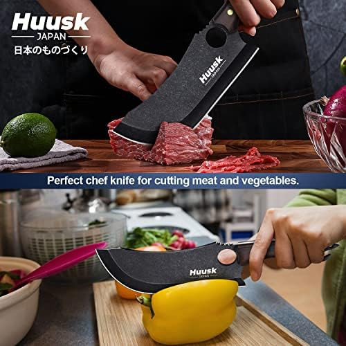 Huusk Chef Knives Black Meat Cleaver Outdoor Cooking Knife With Sheath Camping Knives Bbq Knife Set