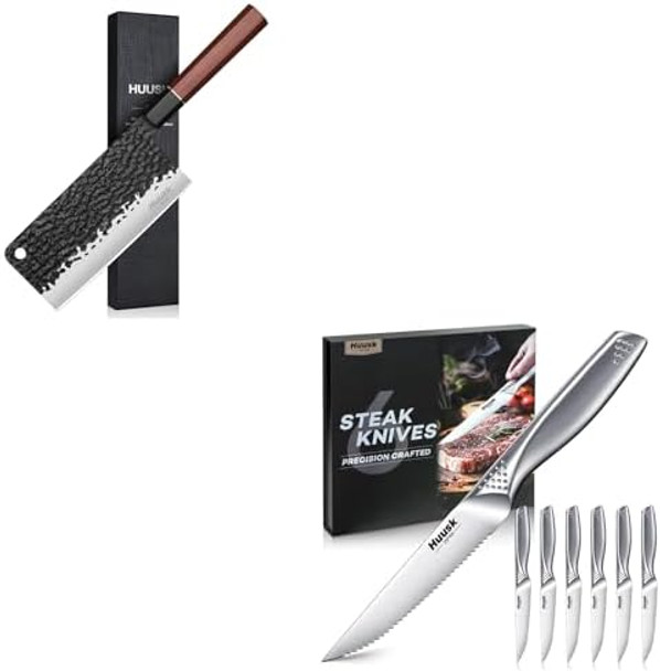 Huusk Serrated Steak Knives Set Of 6 Bundle With A Meat Cleaver KnifeJapanese Stainless Steel Steak Knives SetSharp Safe Dinner Knife For Kitchen Table With Box