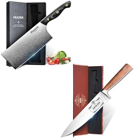 Huusk Damascus Cleaver Knife & 8" Chef Knife With Beautiful Box