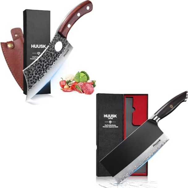 Huusk Japan Knives Viking Knife With Sheath Butcher Knife For Meat Cutting 7.5 Inch Meat CleaverHand Forged Chef Butcher Full Tang Boning Knife For Outdoor Cooking For Men