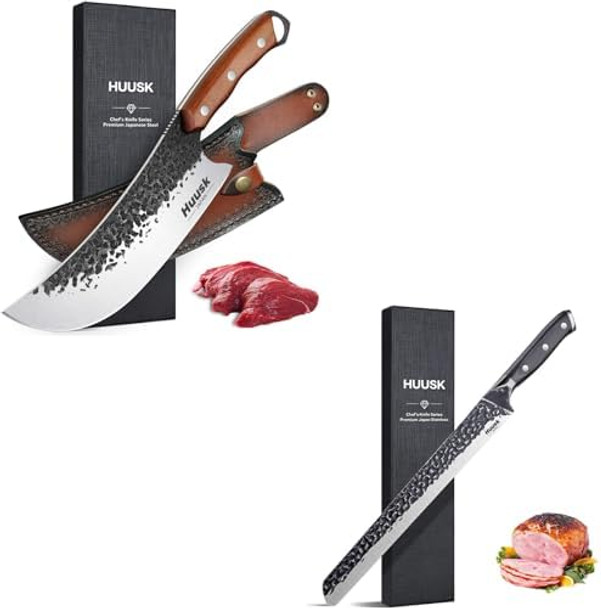 Huusk Japan Knive SetButcher Knife For Meat Cutting Meat Cleaver Knife Heavy Duty With Sheath Hand Forged Cooking Knife With Full Tang Handle For Kitchen Or Christmas s