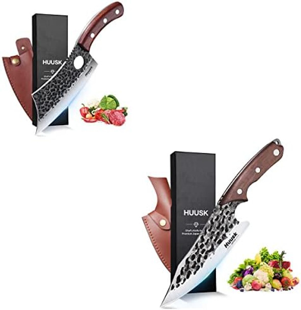 Huusk Viking Knife With Sheath Bundle & Cleaver Knife For Meat Cutting Boning Outdoor Cooking Kitchen Deboning Or Camping Bbq