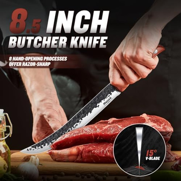 Huusk Breaking Knife Butcher Knife Hand Forged Meat Knife For Meat Cutting 8.5 Inch Meat Cleaver Knife Japanese Vegetable Cleaver Brisket Trimming Knife Hand Forged Knives For Home Kitchen
