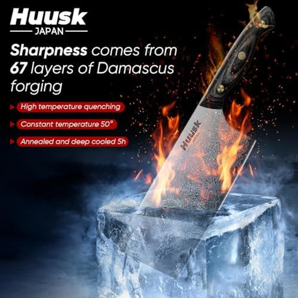 Huusk Damascus Cleaver Knife Full Tang Boning Knife With Leather Sheath Titanium Plated Kitchen Chef Knives Hand Forged Chooping Knives Birthday Dad Mom