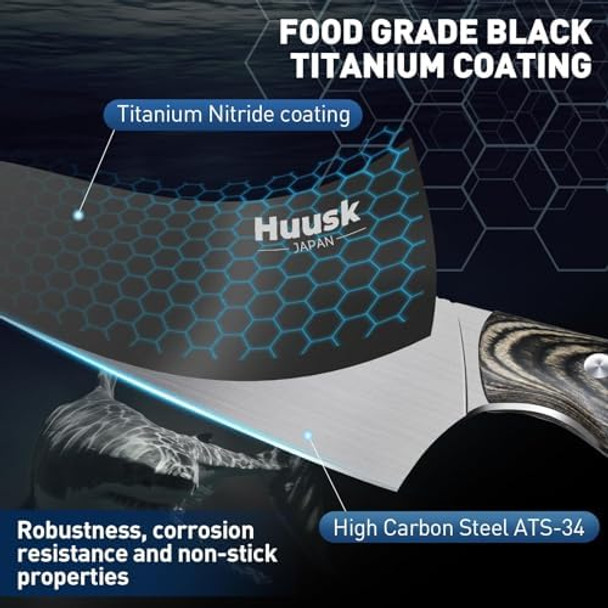 Huusk Damascus Cleaver Knife Full Tang Boning Knife With Leather Sheath Titanium Plated Kitchen Chef Knives Hand Forged Chooping Knives Birthday Dad Mom