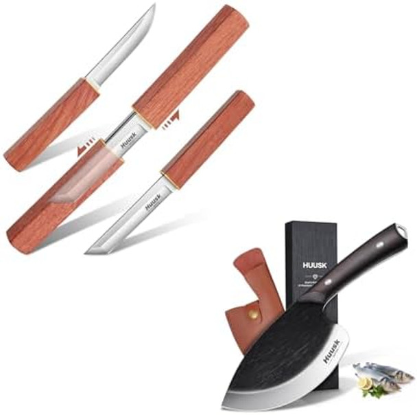 Huusk Camping Knife Fixed Blade 2 In 1 D2 Steel Japanese Samurai Knife Fish Knife 5.7" Tuna Knife Fillet Fish Knives Sharp Fish Cutting Knife Seafood Market Slaughter Fish Special Knife Meat Cleaver G