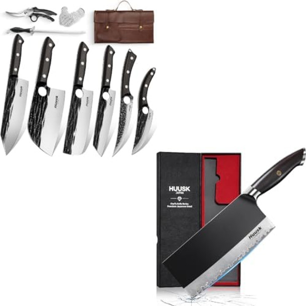 Huusk Knives Set Serbian Chef Knife Set With Bag Japanese Butcher Knife For Meat Cutting 7.5 Inch Meat Cleaver Hand Forged High Carbon Steel Full Tang Knife Set With Ebony Handle For Men