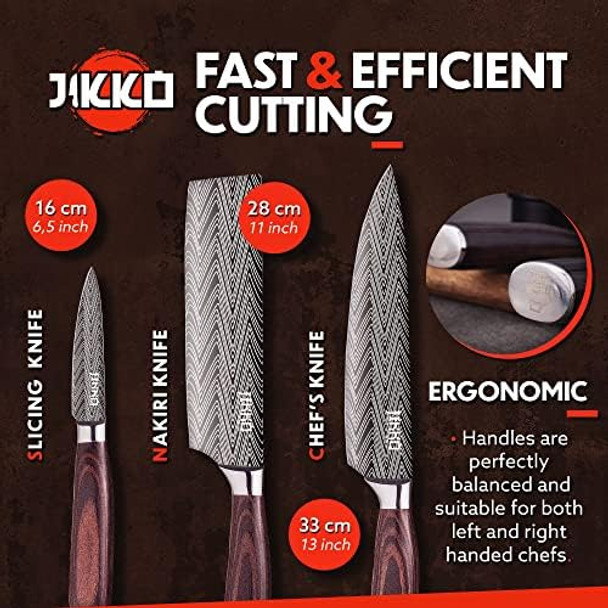 Jikko Reinforced Carbon Steel Japanese Kitchen Knife Set – Diamondrazor Series – Ultra Sharp Japanese Knife Set & Chef Knife Set With Mahogany & Walnut Wood Handles – Professional Chef'S Knives Jikko Reinforced Carbon Steel Japanese Kitchen Knife Set – Diamondrazor Series – Ultra Sharp Japanese Knife Set & Chef Knife Set With Mahogany & Walnut Wood Handles – Professional Chef'S Knives