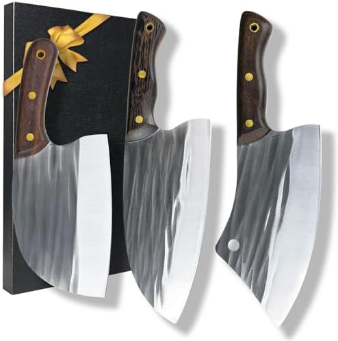 3Pcs Butcher Cleaver Knife Set For Meat Cutting Serbian Chef Knife For Kitchen Outdoor Bbq Camping Birthday Thanksgiving Christmas Idea Men