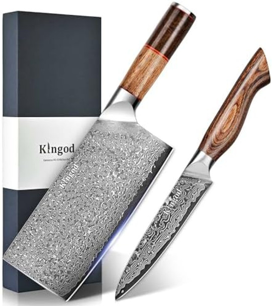 Kingod Premium Vg10 Kitchen Knife Set Of 2Pcs - 7" Meat Cleaver And 5" Paring Knife Handcrafted Damascus Steel Rosewood And Stabilizing Wood Handles