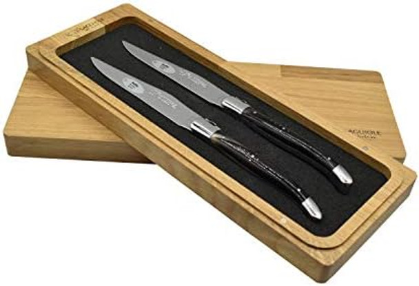 Laguiole En Aubrac Luxury Fully Forged Full Tang Stainless Steel Steak Knives 2-Piece Set With Buffalo Horn Handle Stainless Steel Shiny Bolsters