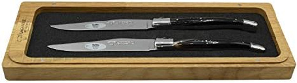 Laguiole En Aubrac Luxury Fully Forged Full Tang Stainless Steel Steak Knives 2-Piece Set With Buffalo Horn Handle Stainless Steel Shiny Bolsters