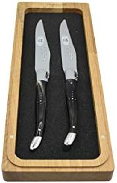 Laguiole En Aubrac Luxury Fully Forged Full Tang Stainless Steel Steak Knives 2-Piece Set With Buffalo Horn Handle Stainless Steel Shiny Bolsters