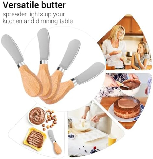 6 Pcs Wooden Handle Butter Spreader Knives Set – Stainless Steel Cheese Spreader for Charcuterie Board Cheese Knife Set for Butter Jam Pastry Cocktail Knives and Kitchen Accessories