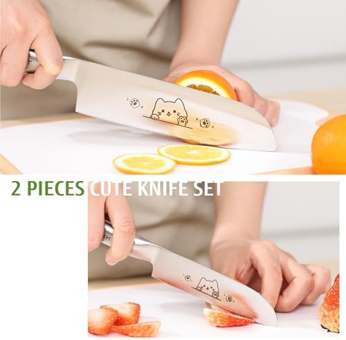 Sharp Knife Set Of 2 7" Santoku Knife 4.5" Paring Knife High Carbon Stainless Steel Knives With Cute Cat Patterns All Metal Construction Silver