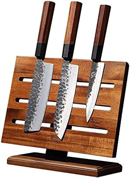 Mitsumoto Sakari Kitchen Magnetic Knife Block Holder Japanese Acacia Wood Storage Knife Tool Holder Enhanced Double-Sided Magnetic Strip Wooden Knife Holder