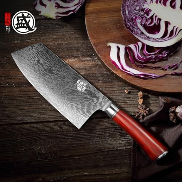 Mitsumoto Sakari 7 Inch Butcher Knife Japanese Vg-10 Damascus Steel Kitchen KnifeMulti-Function Meat Cleaver