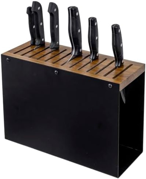 My 13 Slot Deluxe Natural Acacia Solid Wood And Matte Black Metal Universal Knife Block Kitchen Countertop Cutlery Holder Safe Blade Storage Knives Rack