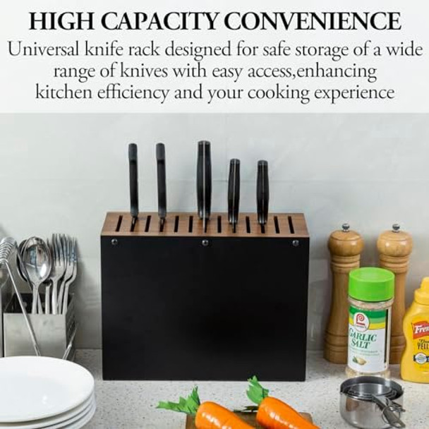 My 13 Slot Deluxe Natural Acacia Solid Wood And Matte Black Metal Universal Knife Block Kitchen Countertop Cutlery Holder Safe Blade Storage Knives Rack